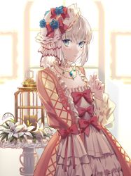 Rule 34 | 1girl, ahoge, alternate costume, birdcage, blue flower, blush, breasts, cage, closed mouth, collarbone, commentary request, csyday, dress, fate (series), flower, flower hat, formal, frilled dress, frills, gray (fate), green eyes, grey hair, hair between eyes, hat, highres, jewelry, looking at viewer, lord el-melloi ii case files, necklace, pink dress, red ribbon, ribbon, short hair, small breasts, solo, white flower