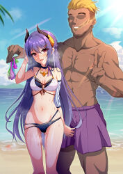 Rule 34 | 1boy, 1girl, aftersex, arm at side, arm up, bare shoulders, beach, bikini, black choker, blonde hair, blue bikini, blue hair, blue sky, blush, braid, breasts, bulge, choker, cleavage, cloud, condom, cum, dark-skinned male, dark skin, day, drooling, earrings, erection, erection under clothes, eyelashes, faceless, faceless male, feet out of frame, french braid, gluteal fold, hair between eyes, hair ornament, hair slicked back, hairclip, hand in own hair, hand up, head tilt, heart, heart-shaped pupils, highres, holding, holding condom, horns, jewelry, light rays, long hair, looking at viewer, medium breasts, multi-strapped bikini, multicolored bikini, multicolored clothes, multiple condoms, muscular, muscular male, navel, necklace, ocean, open mouth, outdoors, princess connect!, purple hair, purple shorts, pussy juice, pussy juice trail, red eyes, rei (princess connect!), rei (summer) (princess connect!), shorts, size difference, sky, smile, standing, stomach, straight hair, string bikini, sun, sunbeam, sunlight, sweat, swept bangs, swimsuit, symbol-shaped pupils, used condom, v, very long hair, water, yumejidake