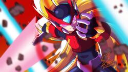 Rule 34 | 1boy, armor, blonde hair, blurry, blurry background, blurry foreground, cowboy shot, energy sword, fontatoba, forehead jewel, glowing, glowing eyes, helmet, highres, holding, holding sword, holding weapon, long hair, looking at viewer, mega man (series), mega man zero (series), mega man zero 3, omega (mega man), purple eyes, red armor, red background, red helmet, solo, sword, weapon, z saber