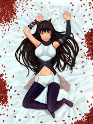 Rule 34 | 1girl, absurdres, animal ears, arms up, bad id, bad pixiv id, black hair, black pantyhose, blake belladonna, bow, breasts, cat ears, full body, hair bow, highres, lasterk, pantyhose under shorts, long hair, looking at viewer, lying, midriff, navel, on back, pantyhose, parted lips, petals, rwby, shorts, smile, solo, yellow eyes