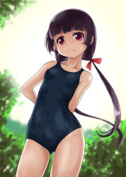Rule 34 | 1girl, backlighting, black hair, black one-piece swimsuit, blue one-piece swimsuit, blunt bangs, blurry, collarbone, commentary request, contrapposto, cowboy shot, day, depth of field, flat chest, from below, frown, gluteal fold, hair ribbon, head tilt, leaning to the side, long hair, looking at viewer, low twintails, one-piece swimsuit, original, outdoors, red eyes, red ribbon, ribbon, rohitsuka, school swimsuit, sky, solo, standing, swimsuit, thighs, tree, twintails, very long hair, white sky