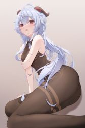 Rule 34 | 1girl, absurdres, ahoge, ass, bare arms, bare shoulders, blue hair, blush, bodystocking, bodysuit, breasts, brown pantyhose, covering privates, covering breasts, ganyu (genshin impact), genshin impact, highres, horns, long hair, looking at viewer, low ponytail, medium breasts, okey, open mouth, pantyhose, purple eyes, sidelocks, sitting, solo, thighlet, thighs, yokozuwari