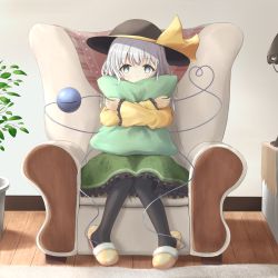 Rule 34 | 1girl, armchair, arms up, black hat, black pantyhose, bright pupils, chair, commentary, covered mouth, crossed arms, floral print, frilled sleeves, frills, green eyes, green skirt, hat, hat ribbon, heart, heart of string, highres, hugging object, indoors, knees together feet apart, komeiji koishi, lamp, long sleeves, looking at viewer, nakit, pantyhose, petticoat, pillow, pillow hug, plant, potted plant, ribbon, rose print, rug, shirt, short hair, silver hair, sitting, skirt, slippers, solo, third eye, touhou, white pupils, wooden floor, yellow footwear, yellow shirt