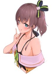 Rule 34 | 1girl, absurdres, bare shoulders, black camisole, blue eyes, blush, brown hair, camisole, cat hair ornament, closed mouth, collarbone, commentary request, crop top, hair between eyes, hair ornament, hand up, highres, hololive, index finger raised, jacket, licking lips, long hair, natsuiro matsuri, natsuiro matsuri (1st costume), orange jacket, pinstripe camisole, pinstripe pattern, racchi., side ponytail, sidelocks, simple background, smile, solo, striped, tongue, tongue out, virtual youtuber, white background