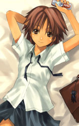 Rule 34 | 1girl, arm behind head, arms up, bed, brown hair, cellphone, copyright request, looking at viewer, lying, nagi ryou, phone, school uniform, short hair, short sleeves, smile, solo