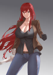 Rule 34 | 1girl, absurdres, alternate costume, belt, black gloves, black shirt, blue pants, breasts, brown belt, brown eyes, brown jacket, casual, cleavage, denim, erza scarlet, fairy tail, freed turing, gloves, grey background, highres, holding, holding sword, holding weapon, jacket, jeans, large breasts, navel, pants, red hair, shirt, solo, sword, weapon