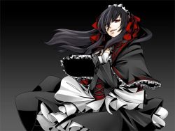 Rule 34 | 00s, 1girl, april, april (coyote ragtime show), bk, black background, black hair, coyote ragtime show, dress, frills, goth fashion, gradient background, grey background, hair ribbon, hands on own chest, long hair, mudo (saji), red eyes, ribbon, simple background, smirk, solo, standing