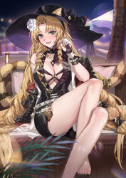 Rule 34 | 1girl, :d, absurdres, animal ears, arknights, bare shoulders, barefoot, black hat, black skirt, blonde hair, blush, breasts, cleavage, foot out of frame, gloves, green eyes, hair ornament, hat, highres, large breasts, long hair, looking at viewer, molyb, night, official alternate costume, open mouth, outdoors, sitting, skirt, smile, solo, swire (arknights), swire the elegant wit (arknights), tail, thighs, toes, very long hair, white gloves