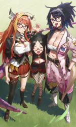 Rule 34 | 3girls, :d, ^ ^, absurdres, ahoge, belt, bespectacled, black-framed eyewear, black dress, black gloves, black hair, blonde hair, blunt bangs, bokken, bow, braid, breasts, camisole, chest sarashi, cleavage, cleavage cutout, closed eyes, clothing cutout, coat, collar, creator connection, daikou-chan, delinquent, detached sleeves, diagonal-striped bow, dragon girl, dragon horns, dragon tail, dress, dual persona, elbow gloves, fishnet legwear, fishnets, frilled camisole, frills, glasses, gloves, high ponytail, highres, hololive, horn bow, horn ornament, horns, indie virtual youtuber, kiryu coco, kiryu coco (1st costume), kson, large breasts, long hair, medium breasts, mole, mole under eye, multicolored coat, multicolored hair, multiple girls, multiple persona, open clothes, open coat, open mouth, orange hair, pants, pantyhose, parted hair, petal print, piercing, print pants, print shorts, puffy pants, red shorts, sarashi, semi-rimless eyewear, shorts, side-tie skirt, side braid, smile, souchou, spiked hair, streaked hair, striped, striped bow, studded belt, studded choker, studded collar, sukeban, sword, tail, tongue, tongue out, tongue piercing, two-tone coat, under-rim eyewear, virtual youtuber, weapon, white pants, wooden sword, xiaoju xiaojie
