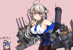 Rule 34 | 2girls, ahoge, anger vein, bare shoulders, black jacket, blue hair, blue necktie, blush, breasts, cannon, closed mouth, commentary request, finger to mouth, grey eyes, grey hair, headgear, heart, jacket, kantai collection, kusanagi tonbo, large breasts, long hair, looking at viewer, machinery, military, military uniform, multicolored hair, multiple girls, necktie, off shoulder, pantyhose, photoshop (medium), pink background, pleated skirt, red hair, rigging, shirt, skirt, sleeveless, sleeveless shirt, smile, smokestack, south dakota (kancolle), turret, uniform, washington (kancolle), white shirt, white skirt