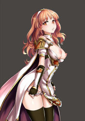 Rule 34 | 1girl, armor, bad id, bad pixiv id, bare shoulders, black gloves, black thighhighs, bow, bow panties, breasts, breasts out, cape, celica (fire emblem), detached collar, dress, female pubic hair, fire emblem, fire emblem echoes: shadows of valentia, gloves, hairband, kaorihero, long hair, looking at viewer, medium breasts, nintendo, nipples, orange eyes, panties, panty pull, pauldrons, pubic hair, red eyes, shoulder armor, simple background, solo, thighhighs, underwear, white dress, white hairband, white panties