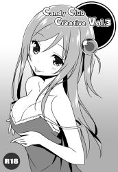 Rule 34 | 1girl, :p, bare shoulders, blush, breasts, cleavage, cover, cover page, greyscale, kudou naka, long hair, monochrome, original, sky-freedom, smile, solo, strap slip, tongue, tongue out