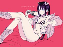 Rule 34 | 1girl, alternate costume, animal ears, animal print, bell, bikini, blunt bangs, bottle, breasts, choker, closed mouth, couch, cow ears, cow horns, cow print, cow print bikini, crossed legs, cup, ear tag, fake animal ears, fate/grand order, fate (series), glass, holding, holding bottle, holding cup, horns, jacket, jacket over swimsuit, jing ke (fate), katagiri (mighty swing), legs up, light blush, long sleeves, looking at viewer, monochrome, nail polish, navel, neck bell, on couch, open clothes, open jacket, ponytail, print bikini, red background, sidelocks, sitting, small breasts, solo, spot color, swimsuit