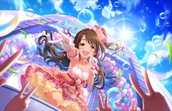 Rule 34 | 10s, 1girl, armpits, artist request, balloon, blue sky, blush, bow, brown eyes, brown hair, bubble, choker, cloud, collarbone, day, dress, flower, frills, gloves, hair bow, hair flower, hair ornament, half updo, idolmaster, idolmaster cinderella girls, idolmaster cinderella girls starlight stage, microphone, music, official art, one side up, open mouth, rose, shimamura uzuki, side ponytail, singing, sky, smile, solo focus, strapless, strapless dress, v