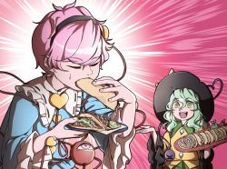 Rule 34 | 2girls, black hairband, black headwear, blue shirt, commentary request, eating, closed eyes, facial hair, food, frilled sleeves, frills, fruit, green eyes, green hair, hair between eyes, hairband, holding, holding plate, holding tray, komeiji koishi, komeiji satori, lime (fruit), long hair, looking at viewer, mefomefo, multiple girls, mustache, open mouth, pink background, pink hair, plate, shirt, short hair, siblings, sisters, smile, sweatdrop, taco, third eye, touhou, tray
