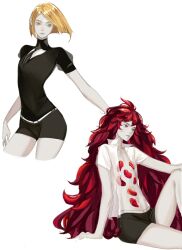 Rule 34 | 2others, adapted costume, arm support, bare arms, black necktie, black shorts, blonde hair, bob cut, closed mouth, collared shirt, cropped legs, dress shirt, floating hair, gem, gem uniform (houseki no kuni), highres, houseki no kuni, knee up, layered sleeves, long hair, looking away, multiple others, necktie, open clothes, open shirt, other focus, outstretched arm, puffy short sleeves, puffy sleeves, red gemstone, red hair, shirt, short hair, short jumpsuit, short sleeves, shorts, simple background, very long hair, wanqingqingsha147, white background, white shirt, yellow diamond (houseki no kuni), yellow eyes