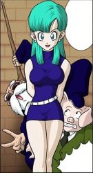 Rule 34 | 1girl, 2boys, :d, :o, age difference, aqua hair, arms behind back, bare arms, bare legs, bare shoulders, beard, black neckwear, blue dress, blue eyes, breasts, bulma, business suit, clenched teeth, creature, dragon ball, dragon ball (classic), dress, earrings, facial hair, facing viewer, feet out of frame, formal, green hair, jewelry, large breasts, legs, legs together, lipstick, long hair, looking at another, looking at viewer, lowres, makeup, medium breasts, multiple boys, mustache, muten roushi, naughty face, necktie, old, old man, oolong, open mouth, pig, pig snout, red lips, short dress, sleeveless, sleeveless dress, sleeveless turtleneck, smile, speech bubble, staff, standing, stone wall, suit, sunglasses, teeth, thighs, turtleneck, v, wall, wavy mouth