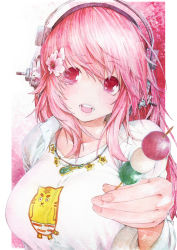 Rule 34 | 1girl, bad id, bad pixiv id, breasts, dango, flower, flower on head, food, headphones, highres, large breasts, long hair, looking at viewer, nitroplus, open mouth, pink eyes, pink hair, smile, solo, suno486 x, super sonico, traditional media, wagashi