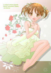 Rule 34 | 00s, 10s, 1girl, 2013, :d, artist name, bare legs, bare shoulders, barefoot, brown eyes, brown hair, copyright name, cover, cover page, dress, floral background, flower, french text, fukuzawa yumi, full body, green dress, hirota kaoru, letterboxed, maria-sama ga miteru, open mouth, petals, red rose, rose, rose petals, shadow, short hair, shueisha, smile, solo, sundress, twintails