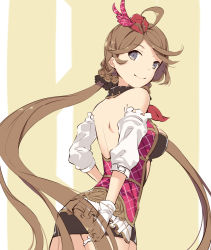 Rule 34 | 1girl, akanebi, backless outfit, black skirt, breasts, brown flower, brown hair, detached sleeves, floating hair, flower, from behind, gloves, granblue fantasy, grey eyes, hair flower, hair ornament, hat, hat ribbon, head tilt, long hair, looking at viewer, looking back, medium breasts, mini hat, miniskirt, pencil skirt, red hat, red ribbon, ribbon, sketch, skirt, smile, solo, standing, striped ribbon, twintails, very long hair, white gloves