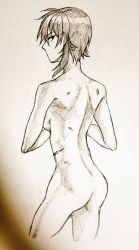 Rule 34 | 10s, 1girl, ass, breasts, cropped legs, girls und panzer, graphite (medium), looking back, nishizumi maho, nude, paper texture, scar, short hair, solo, thighs, traditional media