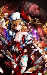 Rule 34 | 1girl, amaseu (be bunny), blonde hair, broken glass, chain, commentary request, crystal, flandre scarlet, floating hair, glass, hat, hat ribbon, highres, holding, laevatein, mob cap, moon, navel, off shoulder, parted lips, puffy short sleeves, puffy sleeves, red eyes, red moon, red ribbon, reflection, ribbon, short hair, short sleeves, side ponytail, solo, stomach, torn clothes, touhou, window, wings, wrist cuffs
