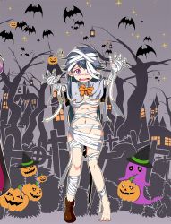 Rule 34 | 1girl, ahoge, bandages, bat (animal), black hair, blue eyes, blush, bow, building, commentary request, cosplay, cross, embarrassed, full body, ghost, halloween costume, hands up, happy halloween, hat, jack-o&#039;-lantern, kantai collection, lantern, long hair, looking at viewer, mummy, navel, night, night sky, no bra, no panties, open mouth, shawl, shino (ponjiyuusu), shoes, single shoe, sky, solo, standing, star (sky), tree, ushio (kancolle), window, witch hat