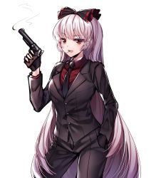 Rule 34 | 1girl, :d, alternate costume, black necktie, black pants, black vest, bow, buttons, collared shirt, cowboy shot, dark jewel (gem oblivion), formal, fujiwara no mokou, grey hair, gun, hair bow, hand in pocket, highres, holding, holding gun, holding weapon, long hair, long sleeves, looking at viewer, necktie, one-hour drawing challenge, open mouth, pant suit, pants, red eyes, red shirt, shirt, simple background, smile, smoke, smoking, solo, standing, suit, touhou, very long hair, vest, weapon, white background