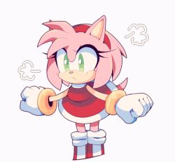Rule 34 | 1girl, amy rose, bad id, bad twitter id, boots, clenched hands, dress, furry, furry female, gloves, green eyes, motobug, pout, red dress, red footwear, simple background, solo, sonic (series), tearing up, white gloves