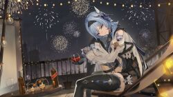 Rule 34 | 1girl, black gloves, black hairband, blue gloves, blue hair, boots, bottle, candle, chest harness, city, cup, deck chair, drinking glass, eula (genshin impact), fireworks, genshin impact, gloves, hair ornament, hairband, harness, head tilt, high-waist shorts, high heel boots, high heels, highres, holding, holding cup, hugging own legs, knee up, looking at viewer, marumoru, medium hair, night, night sky, outdoors, plant, potted plant, projector screen, purple eyes, second-party source, shorts, sidelocks, sitting, sky, smile, solo, string of light bulbs, thigh boots, white sleeves, wide sleeves, wine bottle, wine glass