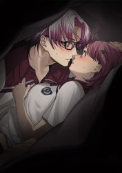 Rule 34 | 1boy, 1girl, ahoge, aki asay, black-framed eyewear, black hair, blush, breasts, clover hair ornament, colored tips, dutch angle, embarrassed, eye contact, from side, glasses, gym shirt, gym uniform, hair behind ear, hair ornament, hairclip, hand up, hetero, highres, imminent kiss, large breasts, looking at another, lying, lying on person, multicolored hair, nanatsumori minoru, nervous, nose blush, noses touching, on back, parted bangs, parted lips, pink hair, profile, protagonist (tokimemo gs4), purple hair, shirt, short hair, short sleeves, surprised, sweat, tokimeki memorial, tokimeki memorial girl&#039;s side 4th heart, under covers, upper body, white hair, white shirt