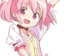 Rule 34 | 1girl, bow, bow choker, choker, hair bow, highres, kaname madoka, looking at viewer, magical girl, mahou shoujo madoka magica, mahou shoujo madoka magica (anime), open mouth, pink bow, pink eyes, pink gemstone, pink hair, puffy short sleeves, puffy sleeves, red choker, short hair, short sleeves, smile, solo, square neckline, tsubaki (tatajd), twintails, white background