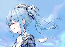 Rule 34 | 1girl, absurdres, asymmetrical hair, beret, blue choker, blue hair, blue neckerchief, blue sky, choker, closed eyes, closed mouth, collared shirt, crown, day, eyelashes, grey hat, grey jacket, hair between eyes, hat, highres, hololive, hoshimachi suisei, hoshimachi suisei (1st costume), jacket, karyln, mini crown, neckerchief, one side up, outdoors, plaid, plaid headwear, plaid jacket, shirt, side ponytail, sidelocks, sky, smile, solo, tilted headwear, upper body, virtual youtuber