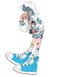 Rule 34 | 1girl, aqua eyes, aqua hair, backwards hat, bandaid, bandaid on cheek, bandaid on face, bandaid on knee, bandaid on leg, baseball cap, blue footwear, breasts, from side, full body, grey shorts, hand in pocket, hand to own mouth, hat, highres, jacket, long sleeves, medium hair, mole, mole on breast, multicolored hair, nao97122, nipples, open clothes, open jacket, original, partially unzipped, patch, ribbed socks, shoes, short shorts, shorts, sidelocks, sideways glance, simple background, small breasts, sneakers, socks, solo, standing, streaked hair, white background, white hat, white jacket, white socks, zipper pull tab
