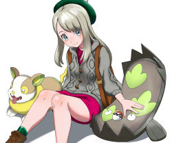Rule 34 | absurdres, alternate eye color, alternate hair color, alternate hair length, alternate hairstyle, backpack, bag, boots, brown bag, brown footwear, buttons, cardigan, closed mouth, collared dress, commentary request, creatures (company), dress, galarian form, galarian stunfisk, game freak, gen 8 pokemon, gloria (pokemon), green headwear, green legwear, grey cardigan, hat, highres, knees, knees together feet apart, nintendo, pink dress, plaid, plaid legwear, pokemon, pokemon (creature), pokemon swsh, sitting, smile, socks, tam o&#039; shanter, yamper, yoshinatsu