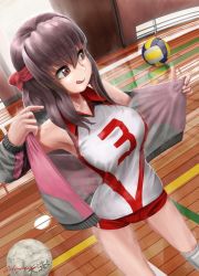 Rule 34 | 10s, 1girl, :q, abazu-red, artist name, ball, brown eyes, brown hair, day, dutch angle, girls und panzer, highres, indoors, jacket, knee pads, kondou taeko, licking lips, open clothes, open jacket, purple jacket, red shirt, red shorts, reflective floor, shirt, short hair, short shorts, shorts, signature, single vertical stripe, sleeveless, sleeveless shirt, solo, sportswear, standing, steam, sweat, tongue, tongue out, track jacket, volleyball (object), volleyball uniform, wooden floor