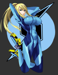 Rule 34 | 1girl, arms up, blonde hair, blue bodysuit, bodysuit, breasts, large breasts, looking at viewer, metroid, mole, mole under mouth, nintendo, parted lips, ponytail, samus aran, solo, takara joney, zero suit