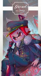 Rule 34 | 1girl, bad id, bad twitter id, banner, belt, belt buckle, between legs, blue belt, blue jacket, blue pants, blunt bangs, buckle, buttons, closed mouth, cursive, double-breasted, english text, fur collar, glint, gun, highres, inkling, inkling girl, inkling player character, jacket, jacket on shoulders, kashu (hizake), long hair, long sleeves, looking away, military, military uniform, monster girl, nintendo, pants, pointy ears, red eyes, red hair, rifle, scope, short eyebrows, signature, sitting, sniper rifle, solo, splat charger (splatoon), splatoon (series), splatoon 2, tentacle hair, turtleneck, uniform, weapon
