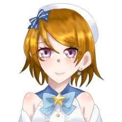 Rule 34 | 1girl, aqua bow, artist name, artist request, bare shoulders, beret, blue bow, blush, bow, bowtie, breasts, brown hair, center frills, dress, earrings, female focus, frills, hair between eyes, hair bow, hat, jewelry, koizumi hanayo, looking at viewer, love live!, love live! school idol festival, love live! school idol project, lowres, parted lips, purple eyes, short hair, small breasts, smile, solo, star (symbol), striped, striped bow, upper body, white background, white dress, white hat