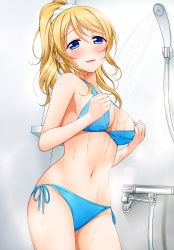 Rule 34 | 10s, 1girl, absurdres, areola slip, ayase eli, bikini, blonde hair, blue bikini, blue eyes, blush, breasts, cleavage, contrapposto, cowboy shot, detexted, hair ornament, hair scrunchie, highres, long hair, looking at viewer, love live!, love live! school idol project, medium breasts, navel, parted lips, ponytail, scan, scrunchie, shower head, side-tie bikini bottom, smile, solo, standing, steam, suzume miku, swimsuit, third-party edit, toilet, water, wet