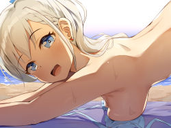 Rule 34 | 1girl, arched back, beach, bikini, blue bikini, blue eyes, breasts, commentary request, hanging breasts, highres, hisakawa hayate, idolmaster, idolmaster cinderella girls, long hair, looking at viewer, medium breasts, nude, ocean, open mouth, sand, seneto, smile, solo, sweat, swimsuit, upper body, white hair