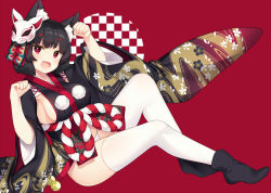 Rule 34 | 1girl, :d, animal ears, ankle boots, azur lane, bekotarou, black footwear, black kimono, blunt bangs, blush, boots, breasts, cat ears, checkered background, fang, floral print, from side, full body, hands up, invisible chair, japanese clothes, kimono, knees up, large breasts, long sleeves, looking at viewer, looking to the side, mask, mask on head, open mouth, panties, pantyshot, paw pose, pom pom (clothes), red eyes, sideboob, sitting, smile, solo, thighhighs, underbust, underwear, wide sleeves, yamashiro (azur lane)