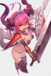 Rule 34 | 10s, 1girl, armor, armored boots, bikini, bikini armor, blue eyes, boots, breasts, cape, dragon tail, elizabeth bathory (brave) (fate), elizabeth bathory (fate), fangs, fate/extra, fate/extra ccc, fate/grand order, fate (series), from above, gauntlets, hair ribbon, highres, holding, holding sword, holding weapon, horns, lack, long hair, looking at viewer, loose bikini, navel, open mouth, oversized clothes, pauldrons, pink hair, pointy ears, red armor, red bikini, ribbon, shield, shoulder armor, sidelocks, small breasts, solo, spikes, sweat, swimsuit, sword, tail, thighhighs, tiara, vambraces, weapon