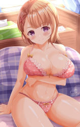 Rule 34 | 1girl, arm under breasts, bare arms, bare shoulders, blush, bow, bow bra, bow panties, bra, breasts, brown hair, closed mouth, commentary request, commission, hair ornament, hairclip, large breasts, looking at viewer, mieruko-chan, navel, panties, pink bra, pink panties, polka dot, polka dot bra, polka dot panties, purple eyes, sitting, skeb commission, smile, solo, underwear, underwear only, x hair ornament, xenon (for achieve), yurikawa hana