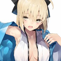 Rule 34 | 1girl, blonde hair, blush, bow, breasts, cleavage, dressing, fate/grand order, fate (series), hair between eyes, hair bow, highres, kou mashiro, medium breasts, okita souji (fate), okita souji (koha-ace), open clothes, open mouth, solo, upper body, white background, yellow eyes