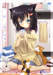 Rule 34 | 1girl, animal ears, bare shoulders, barefoot, black hair, blue eyes, blush, cat, cat ears, cat tail, collar, cooler, drinking, fish, hair ornament, kitchen, milk, original, oversized clothes, pot, refrigerator, rinku, short hair, sitting, solo, sweater, tail