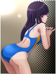 Rule 34 | 10s, 1girl, ass, awa, black eyes, black hair, blue one-piece swimsuit, competition swimsuit, cowboy shot, from behind, fuuka, hair intakes, iwami sara, leaning forward, long hair, looking at viewer, one-piece swimsuit, solo, swimsuit