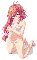 Rule 34 | ahoge, barefoot, breasts, crescent, crescent hair ornament, dd (ijigendd), frilled panties, frills, hair ornament, highres, kantai collection, kneeling, long hair, low-tied long hair, panties, pink hair, rabbit hair ornament, red eyes, sarashi, simple background, small breasts, smile, striped clothes, striped panties, underwear, underwear only, uzuki (kancolle), white background