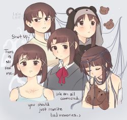 Rule 34 | 1girl, angry, animal costume, asymmetrical hair, bare shoulders, bear costume, black jacket, blunt bangs, blush, brown hair, camisole, closed mouth, collarbone, collared shirt, commentary, cropped torso, english commentary, english text, grey background, hair ornament, highres, iwakura lain, jacket, looking at viewer, looking to the side, multiple views, parted bangs, parted lips, polteegeist, school uniform, serial experiments lain, shirt, short hair, sidelocks, single sidelock, sleeveless, spaghetti strap, upper body, v-shaped eyebrows, white shirt, wire, x hair ornament