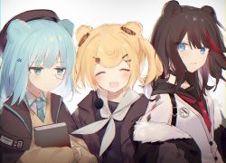 Rule 34 | 3girls, animal ears, arknights, bad id, bad twitter id, bear ears, beret, black choker, black jacket, blonde hair, blue eyes, blue hair, blue neckwear, book, brown hair, choker, closed eyes, closed mouth, food-themed hair ornament, fur-trimmed jacket, fur trim, gummy (arknights), hair between eyes, hair ornament, hairclip, hat, holding, holding book, istina (arknights), jacket, long hair, long sleeves, monocle, multicolored hair, multiple girls, necktie, open mouth, red hair, sailor collar, shirt, smile, streaked hair, toufu mentaru zabuton, upper body, white background, white shirt, zima (arknights)